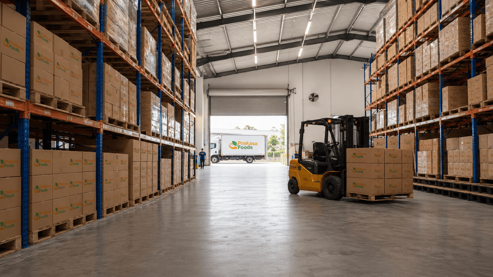 Interior gudang Prakasa Foods dengan forklift dan truk pengiriman di loading bay